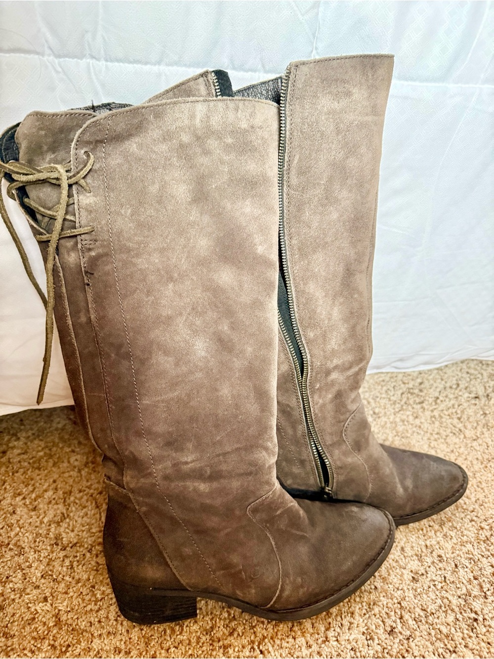 Born Felicia Tall Taupe Suede Lace-Back Heeled Boots
